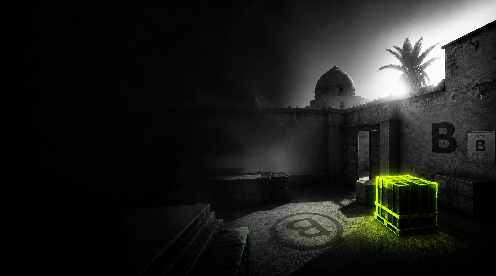 Counter-Strike 2 bombsite under volt-green light